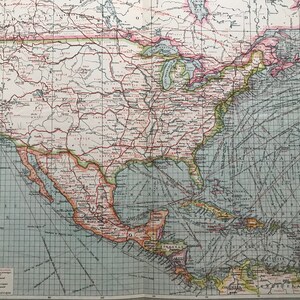 Mapa antiguo original de América del Norte industrial de 1903 con comunicaciones que muestra ferrocarriles, canales, barcos de vapor, cables, muelles y cónsules