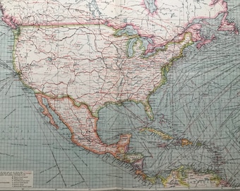 1903 Industrial North America with Communications Original Antique Map showing Railways, Canals, Steamships, Cables, Docks, Consuls