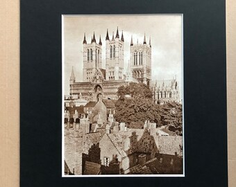 1940s Lincoln Cathedral Sepia Photo Original Vintage Print - Mounted and Matted - Architecture - Lincolnshire - Religion - Available Framed