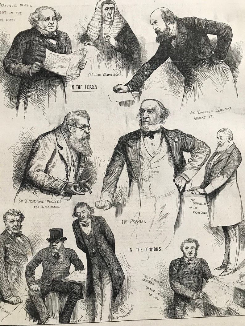 1883 The Suez Canal Question in Parliament Original Antique Engraving Parliament Politics Egypt