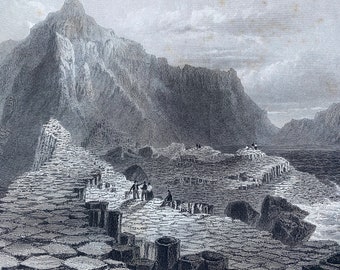 1840 Scene on the Giant's Causeway, County Antrim Original Antique Engraving - Northern Ireland - Mounted and Matted - Available Framed