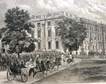 1858 The Arrival of Her Majesty at Stoneleigh Abbey Original Antique Illustration - Victorian Decor - Queen Victoria - Royal Family