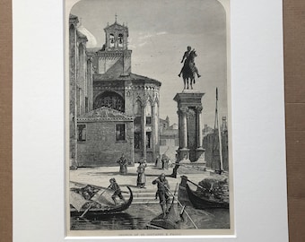 1876 Church of SS Giovanni E Paolo Original Antique Wood Engraving - Mounted and Matted - Italy - Architecture - Available Framed