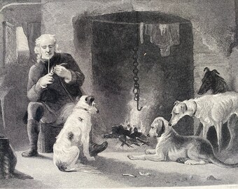 1870 The Gamekeepers Fireside Original Antique Print - Dogs - Countryside Decor - Mounted and Matted - Available Framed