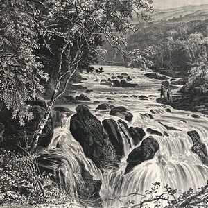 May include: A black and white engraving of a rushing river with a waterfall. The river flows through a rocky landscape with trees on either side. Two figures stand on a rock near the edge of the river.