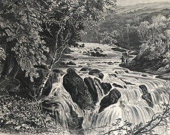 1876 At the head of Swallow Falls Original Antique Steel Engraving - Mounted and Matted - North Wales - Betws-y-Coed  - Available Framed