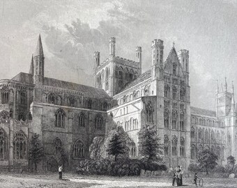 1838 Peterborough Cathedral - Northeast View Original Antique Engraving - Architecture - Mounted and Matted - Available Framed