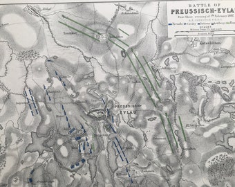 1875 Battle of Preussisch-Eylau 7th Feb 1807 Original Antique Map - Napoleonic Wars - Battle Map - Military History - Available Framed