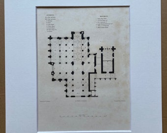 1838 Oxford Cathedral - Floor Plan Original Antique Engraving - Architecture - Mounted and Matted - Available Framed