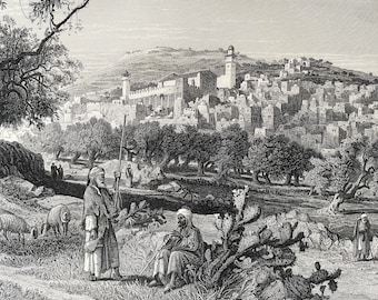 1880 Hebron Original Antique Steel Engraving - Mounted and Matted - Available Framed - Palestine - Landscape Art - Victorian Decor