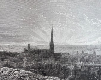 1838 Norwich Cathedral - From the East Hill Original Antique Engraving - Architecture - Mounted and Matted - Available Framed