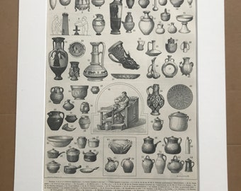 1897 Pottery Original Antique Print - Urn - Ceramics - Jug - Mounted and Matted - Available Framed