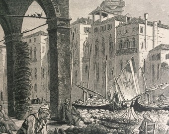 1876 Vegetable Market on the Grand Canal, near the Rialto, Venice Original Antique Wood Engraving - Mounted and Matted - Italy