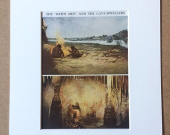 1940s The Dawn Men and the Cave Dwellers Original Vintage Print - Mounted and Matted - Prehistoric Life - Available Framed