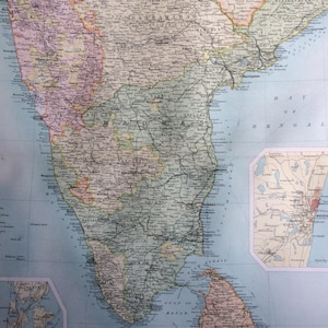 1898 INDIEN (Süden) große Original antike Landkarte mit Nebenkarten von Mumbai und Madras, 14 x 18,5 Zoll, Sri Lanka, Ceylon