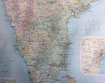 1898 INDIA (South) Large Original Antique Map with Inset maps of Mumbai and Madras, 14 x 18.5 inches, Sri Lanka, Ceylon
