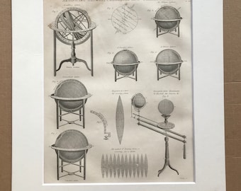 1840 Artificial Globes, Celestial and Terrestrial Original Antique Engraved Encyclopaedia Illustration - Victorian Wall Decor - Astronomy