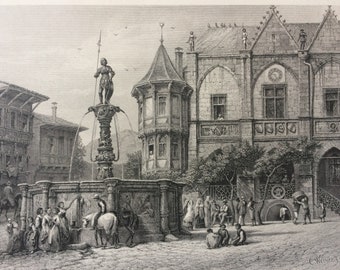 1876 The Rathaus, Hildesheim Original Antique Steel Engraving - Mounted and Matted - Germany - Decorative Art - Available Framed