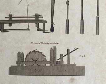 1806 Turning Tools and German Washing Machine Original Antique Engraving - Carpentry - Encyclopaedia - Mounted and Matted - Available Framed