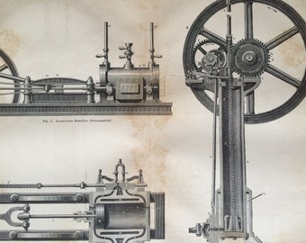 1876 Gas Power Machines Original Antique print - Available Framed - Science - Victorian Technology - Victorian Decor