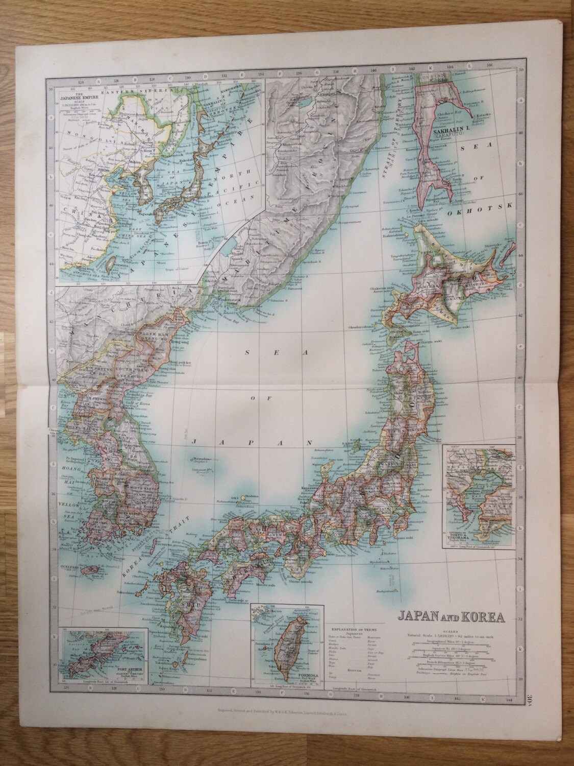 1907 JAPAN and KOREA original antique map, cartography, historical map ...