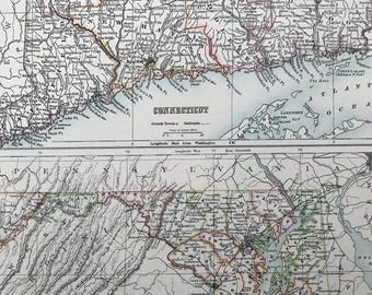 1898 Connecticut and Maryland Large Original Antique A & C Black Map - United States - Victorian Wall Decor - Wedding Gift Idea