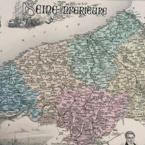 Carte ancienne originale de la Seine-inférieure de 1890 - département de France - gravure incrustée sur acier - objets d'art décoratifs - encadrée disponible - décoration murale