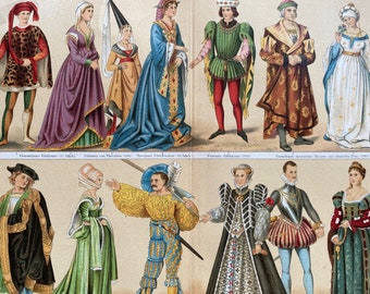 1896 Historical Costumes (15th-16th Century) Large Original Antique Lithograph - Available Mounted and Matted - Fashion - Uniform