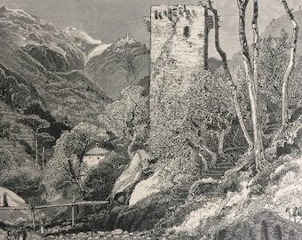 1876 Near San Remo Original Antique Wood Engraving - Mounted and Matted - Italy - Landscape - Architecture - Available Framed