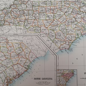 Grande carte noire originale de Caroline du Nord et de Caroline du Sud de 1898, antique A & C - États-Unis - décoration murale victorienne - Idée cadeau de mariage