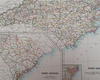 1898 North Carolina and South Carolina Large Original Antique A & C Black Map - United States - Victorian Wall Decor - Wedding Gift Idea