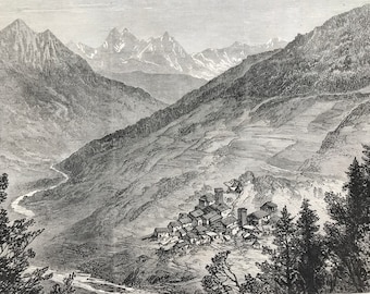 1858 Valley of the Ingour, in the Commune of Kala Original Antique Engraving - Russia - Mounted and Matted - Available Framed