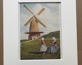 1940s Netherlands - Woman and Child in front of Windmill, Walcheren Original Vintage Photo Print - Mounted and Matted - Available Framed