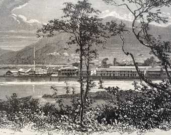 1880 View of Deshima, Japan Original Antique Print - Mounted and Matted - Available Framed