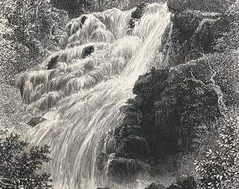 1876 Torc Cascade, Killarney Original Antique Wood Engraving - Mounted and Matted - Ireland - County Kerry - Waterfall - Available Framed