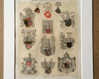 1890 Heraldry (development of crest art) Large Original Antique Lithograph - Available Mounted and Matted - Coat of Arms  Vintage Wall Decor