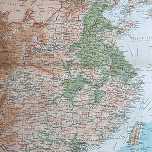 Mapa físico original grande de China de 1922, Atlas de la época antigua, con mapa insertado de Pekín (Beijing) - Mapa batiorográfico mural detallado de gran tamaño