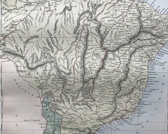 1876 Brazil, Uruguay, Paraguay and Guayana Large Original Antique A & C Black Map - South America