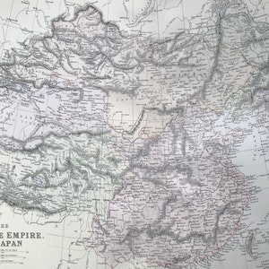 Grande carte ancienne originale de 1882, l'empire chinois et le Japon, 40 x 55 cm, décoration d'intérieur, cartographie, géographie, décoration vintage, carte murale
