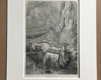 1876 Bridge of Sisteron Original Antique Wood Engraving - Mounted and Matted - France - Landscape - Available Framed
