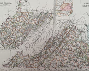 1898 West Virginia and Virginia Large Original Antique A & C Black Map - United States - Victorian Wall Decor - Wedding Gift Idea