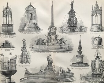 1897 Fountains Original Antique Print - Available Framed - Civil Architecture - Vintage Wall Decor