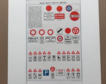 1940s Road Signs Original Vintage Print - Mounted and Matted - Traffic Signals - Highway Code - Driving - Available Framed