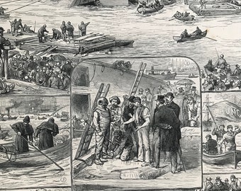 1883 Sketches of the Ship Launch Disaster in Glasgow Original Antique Engraving - Victorian Decor - Scotland - Local History