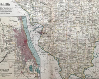 1903 Illinois (Southern) Original Large Antique Map with inset map of Chicago - US State Map - IL - Wall Map - Cartography - 11 x 16 Inches