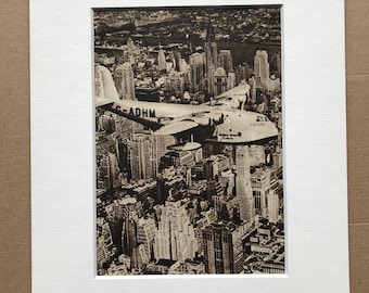 1940s Pan-American Clipper flying over Manhattan Original Vintage Print - Aircraft - New York City - Mounted and Matted - Available Framed