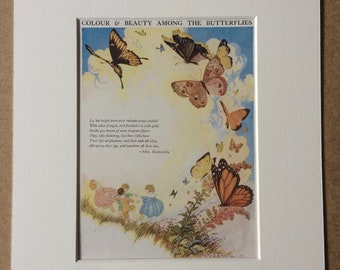 1940s Butterfly Poem by Mrs Barbauld Original Vintage Print - Mounted and Matted - Vintage Insect Art - Illustrated Poem - Available Framed