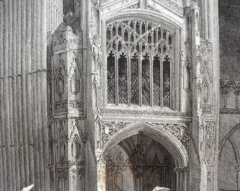 1838 Peterborough Cathedral - View of the Porch West End Original Antique Engraving - Architecture - Mounted and Matted - Available Framed