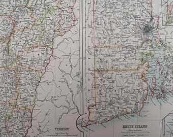 1898 Vermont and Rhode Island Large Original Antique A & C Black Map with inset of Block Island - Victorian Wall Decor - Wedding Gift Idea