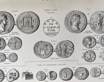 1891 Coins (Roman Imperial and Barbarian Nations) Original Antique Print - Numismatology - Coin Collector - Available Matted and Framed